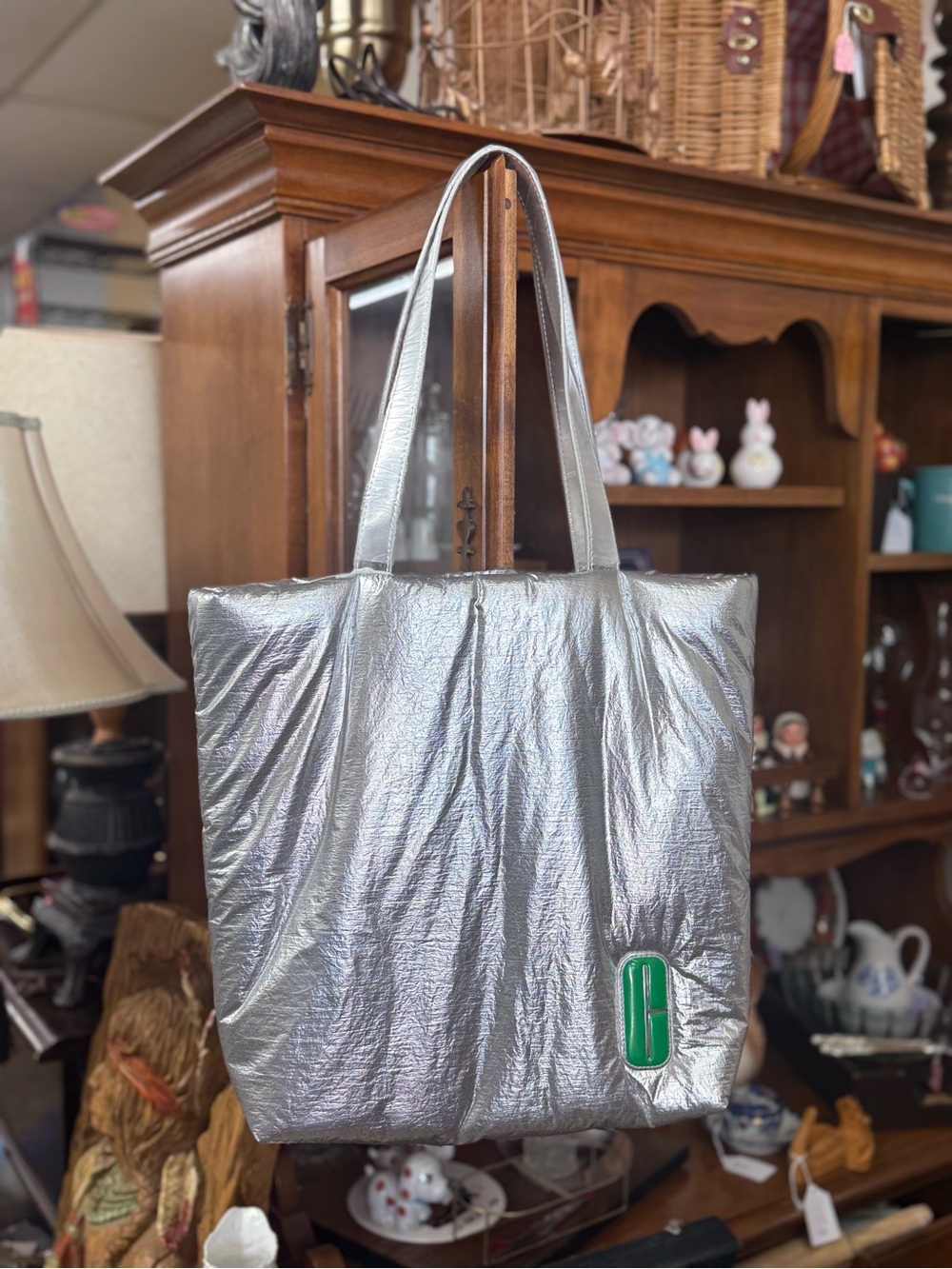 Silver Metallic Clinique Tote Bag with Green Accent & Inside